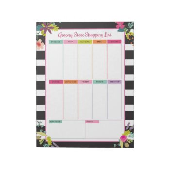 Floral Stripe Grocery Store Shopping List Notepad by modernmaryella at Zazzle