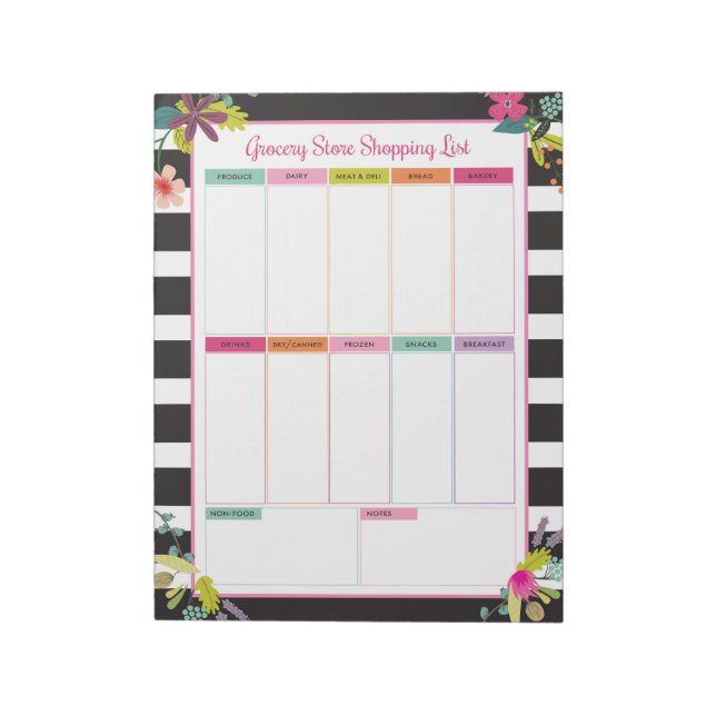 Floral Stripe Grocery Store Shopping List Notepad (Rotated)