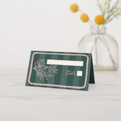 Floral Stripe Hand Drawn Frame Green Wedding Place Card