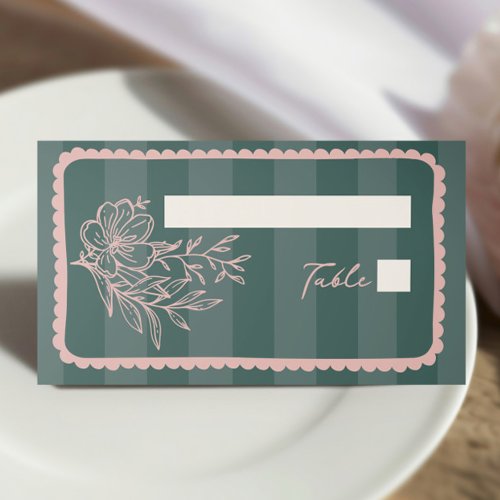 Floral Stripe Hand Drawn Frame Green Wedding Place Card