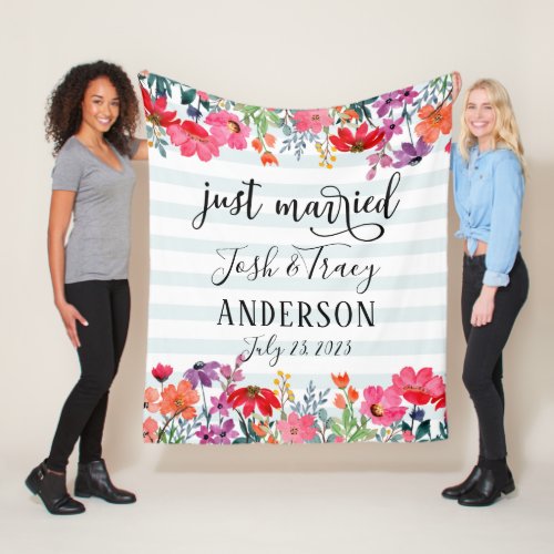 Floral Stripe Just Married Announcement Prop  Fleece Blanket