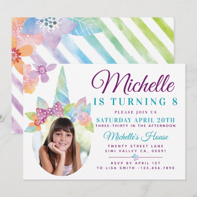 Floral & Stripe Unicorn Photo Birthday Invitation (Front/Back)