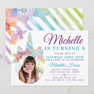 Floral & Stripe Unicorn Photo Birthday Invitation