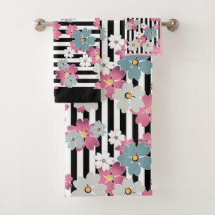 Floral, striped bath towel set