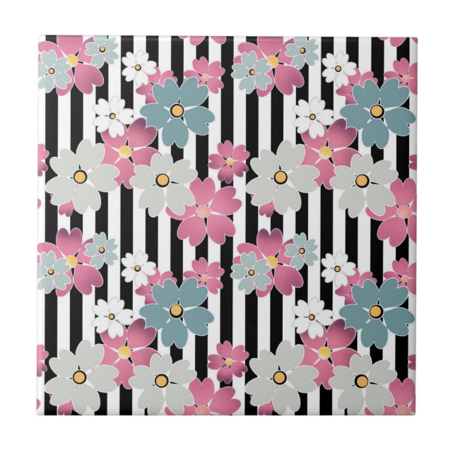 Floral, striped ceramic tile (Front)