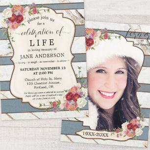 Floral Striped Memorial Celebration of Life Photo Invitation