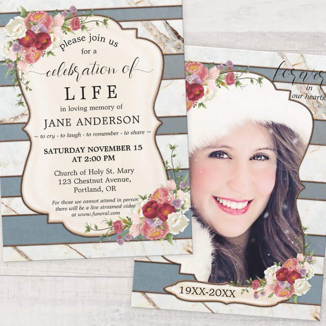 Floral Striped Memorial Celebration of Life Photo Invitation (Creator Uploaded)