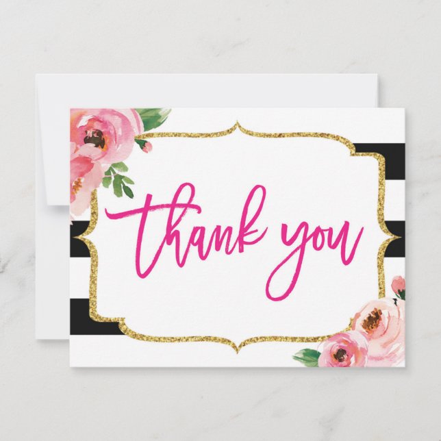Floral Striped Thank You Note Card (Front)