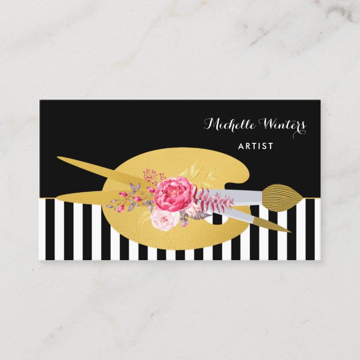Floral Stripes Artist With Faux Gold Paint Brush Business Card Zazzle
