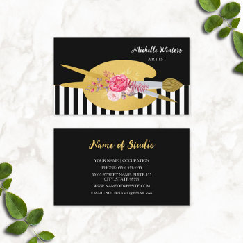 Floral Stripes Artist With Faux Gold Paint Brush Business Card by GirlyBusinessCards at Zazzle