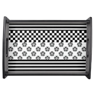 Floral Stripes Checkered Boho Black and White Serving Tray