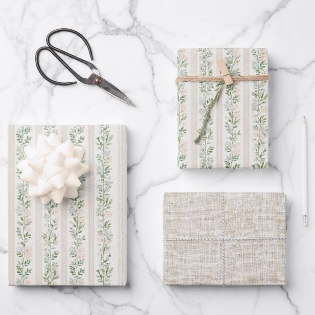 Floral Stripes Cream Faux Linen Wedding Wrapping Paper Sheets (Front)