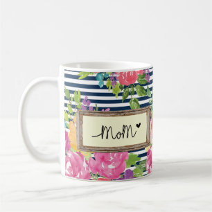 Floral Stripes Design With Mom Message and Flowers Coffee Mug