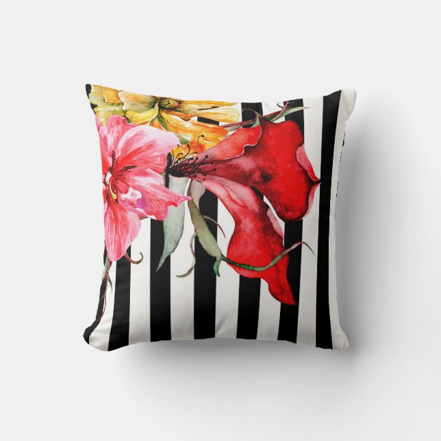 Floral Stripes - Flora Botanica | black and white Throw Pillow (Front)