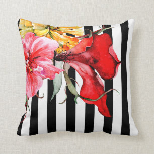 Floral Stripes - Flora Botanica black and white Throw Pillow