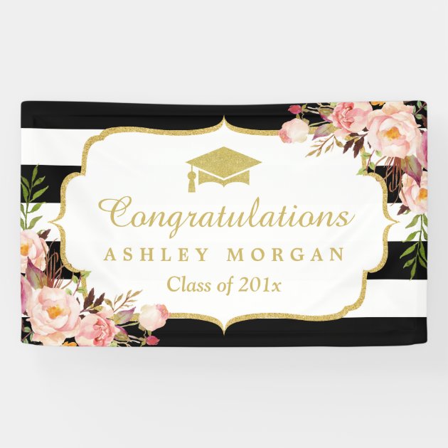 Floral Stripes Glam Congrats Grad Graduation Party Banner