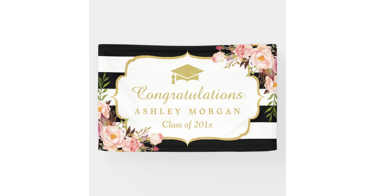 Floral Stripes Glam Congrats Grad Graduation Party Banner 