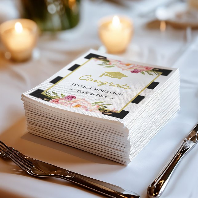 Floral Stripes Glam Congrats Grad Graduation Party Napkins (Creator Uploaded)