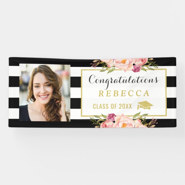 Floral Stripes Glam Congrats Grad Graduation Photo Banner