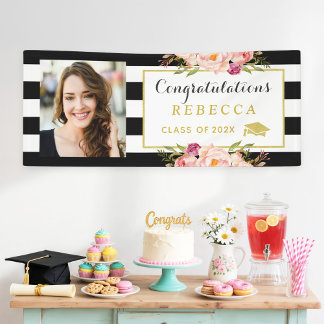 Floral Stripes Glam Congrats Grad Graduation Photo Banner