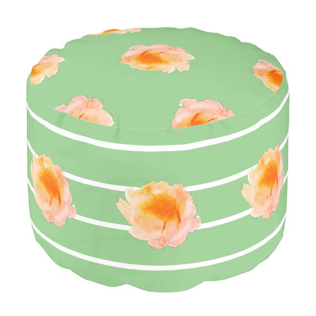 Floral Stripes Green White Peach Pouf (Angled Front)
