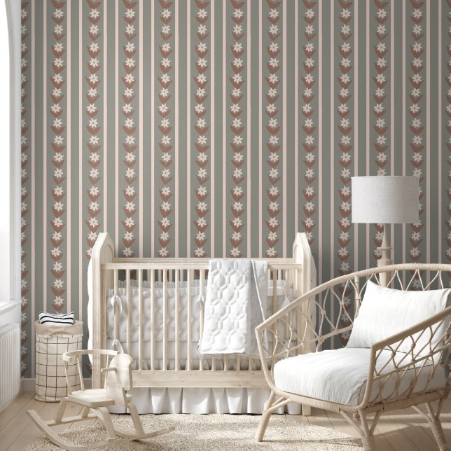 Floral Stripes Mint Green Wallpaper (Kids)
