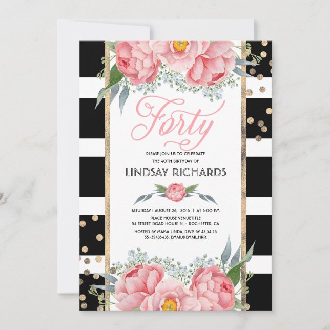 Floral Stripes Modern Gold Decor 40 Birthday Party Invitation (Front)