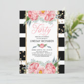 Floral Stripes Modern Gold Decor 40 Birthday Party Invitation (Standing Front)