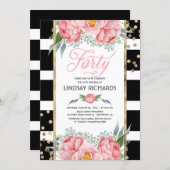 Floral Stripes Modern Gold Decor 40 Birthday Party Invitation (Front/Back)