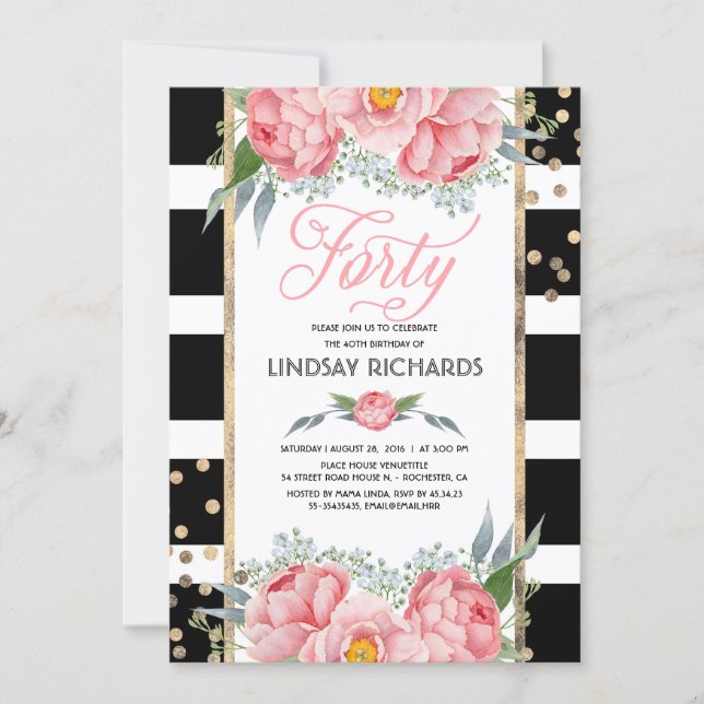 Floral Stripes Modern Gold Decor 40 Birthday Party Invitation (Front)