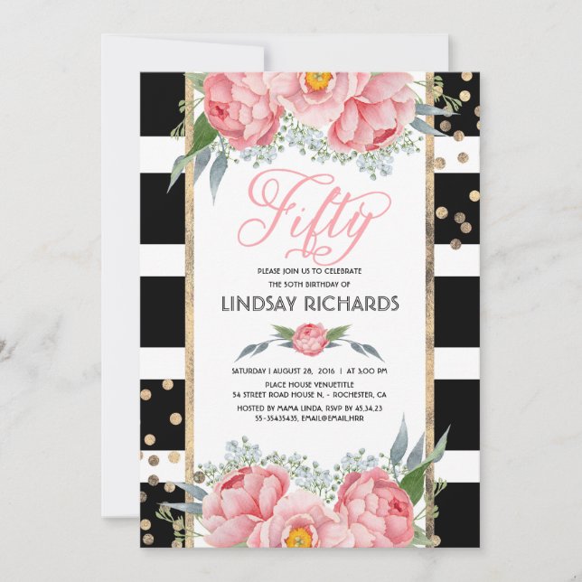 Floral Stripes Modern Gold Decor 50 Birthday Party Invitation (Front)