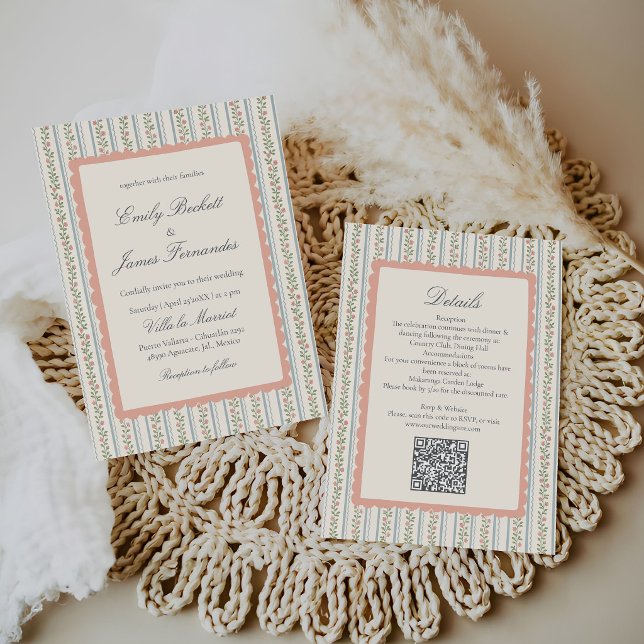 Floral Stripes Vintage Retro Wedding Invitation (Creator Uploaded)