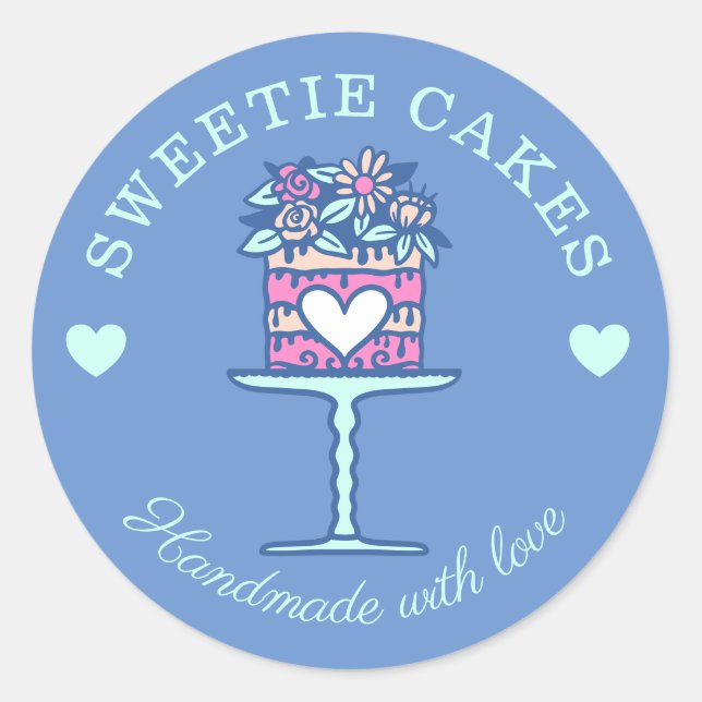 Floral Style Bakery Cake & Stand Logo Blue Classic Round Sticker (Front)