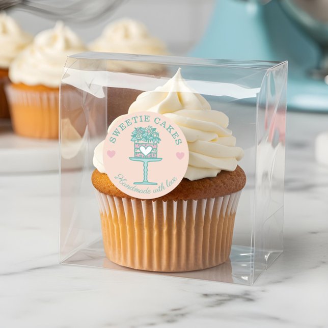 Floral Style Bakery Cake & Stand Logo Blush Pink Classic Round Sticker (Floral Style Bakery Cake & Stand Logo Blush Pink Classic Round Sticker)