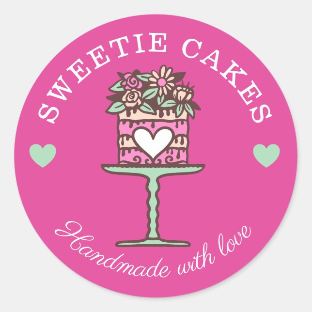 Floral Style Bakery Cake & Stand Logo Pink Classic Round Sticker (Front)