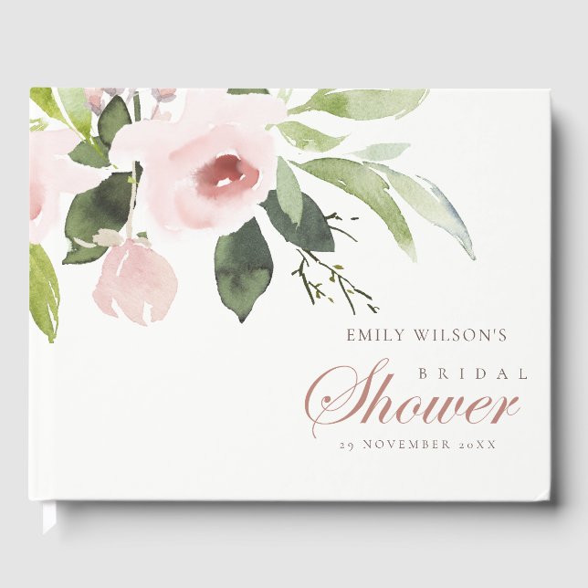 FLORAL SUBTLE SOFT BLUSH PINK ROSE BRIDAL SHOWER GUEST BOOK (Front)