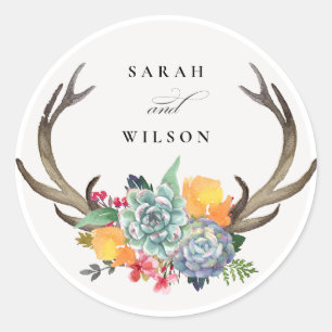 FLORAL SUCCULENT ANTLER BOHEMIAN ALLURE MONOGRAM CLASSIC ROUND STICKER