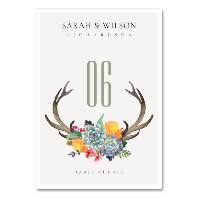 FLORAL SUCCULENT ANTLER BOHEMIAN ALLURE TABLE NUMBER (Front)