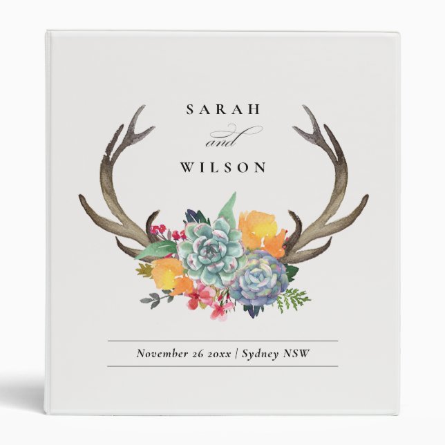 FLORAL SUCCULENT ANTLER BOHEMIAN ALLURE WEDDING 3 RING BINDER (Front)
