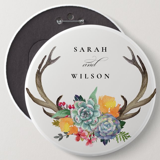 FLORAL SUCCULENT ANTLER BOHEMIAN ALLURE  WEDDING BUTTON (Front & Back)
