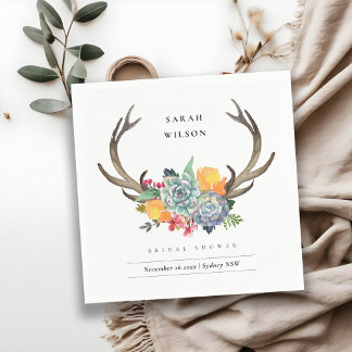 FLORAL SUCCULENT ANTLER BOHEMIAN BRIDAL SHOWER PAPER NAPKINS