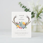 FLORAL SUCCULENT ANTLER BOHEMIAN SAVE THE DATE ANNOUNCEMENT POSTCARD (Standing Front)