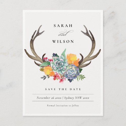 FLORAL SUCCULENT ANTLER BOHEMIAN SAVE THE DATE POSTCARD
