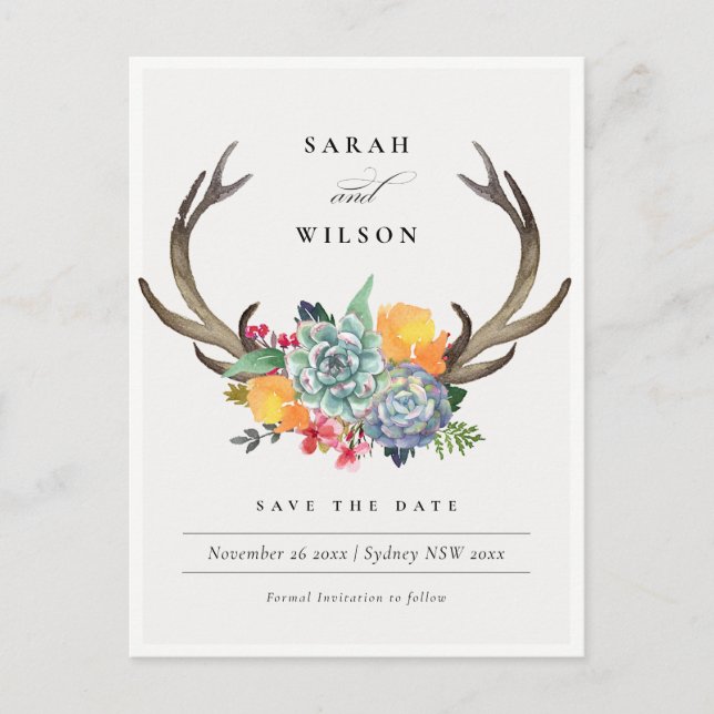FLORAL SUCCULENT ANTLER BOHEMIAN SAVE THE DATE POSTCARD (Front)