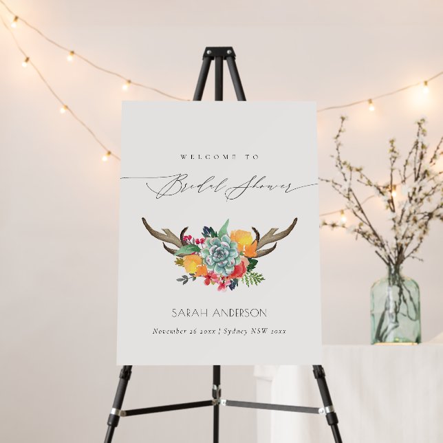 Floral Succulent Antler Boho Welcome Bridal Shower Foam Board (In Situ (Stand))