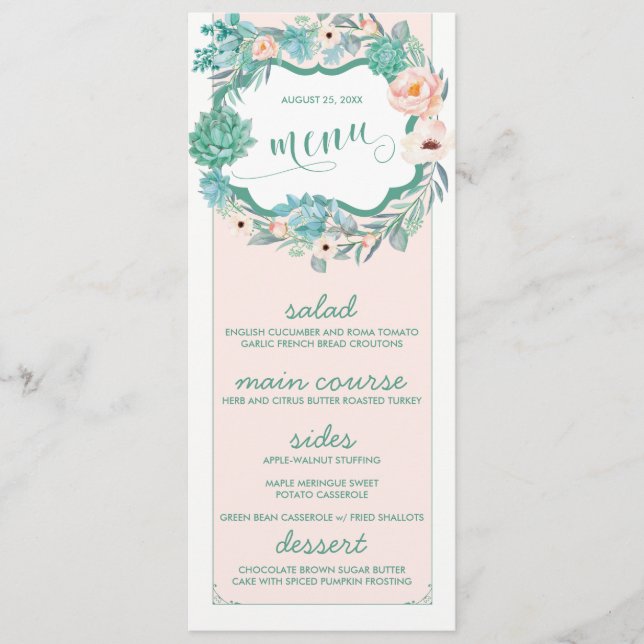 Floral Succulent & Blush Wedding Menu Cards (Front)