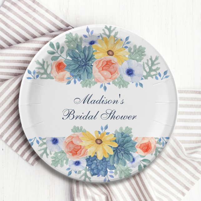 Floral Succulent Macaron Bridal Shower Paper Plates (Creator Uploaded)