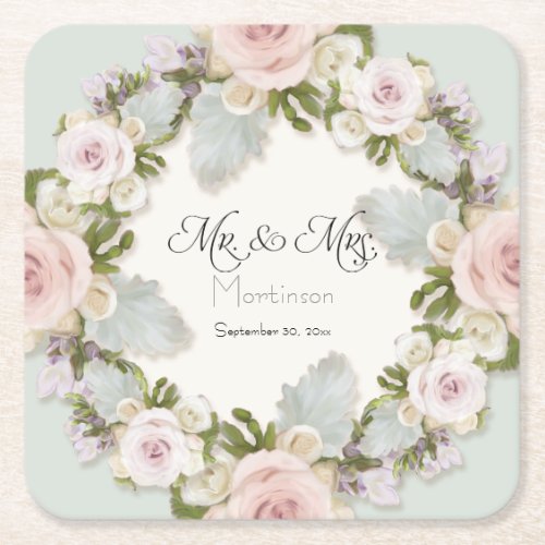 Floral  Succulent Rose Foliage Mr and Mrs Wedding Square Paper Coaster