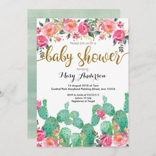 Floral Succulent summer Baby Shower Pink Invitation