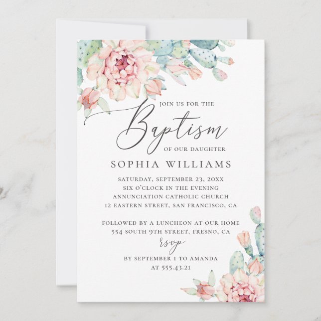 Floral Succulent Watercolor | Elegant Baptism Invitation (Front)